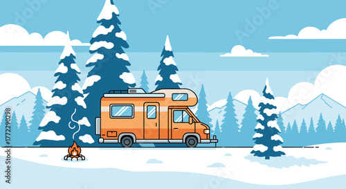 Camper van parked in snowy woods with campfire, winter landscape with trees and mountains
