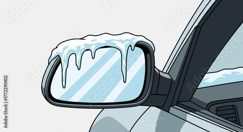 Ice covering a rearview mirror on a car in winter