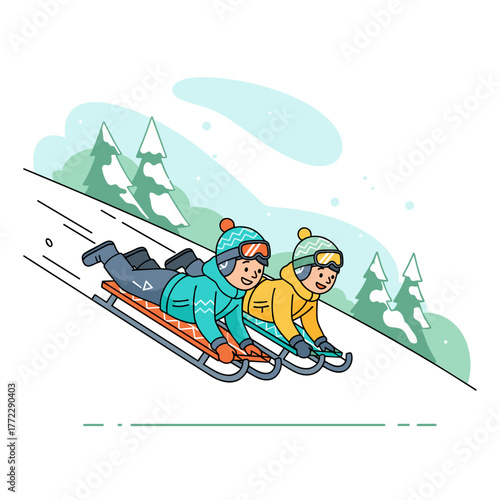 Kids sliding down a snowy hill on a sled at high speed