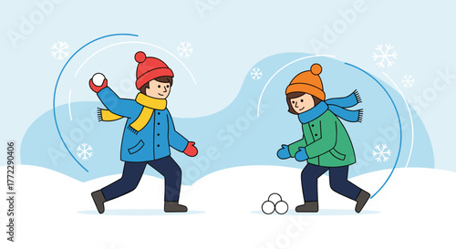 Kids throwing snowballs in a snowy winter landscape