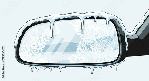 Ice buildup on a rearview mirror in winter