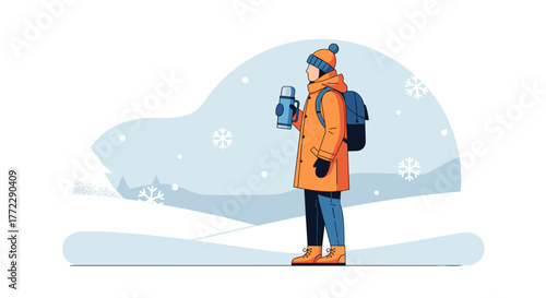 Person holding a thermos in a snowy landscape