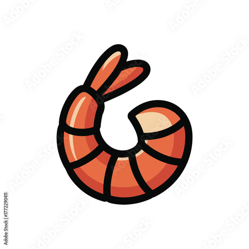 Cooked curled shrimp or prawn seafood crustacean delicious ocean aquatic food meal vector illustration icon