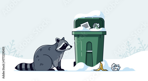 Raccoon by a trash bin in a snowy environment 