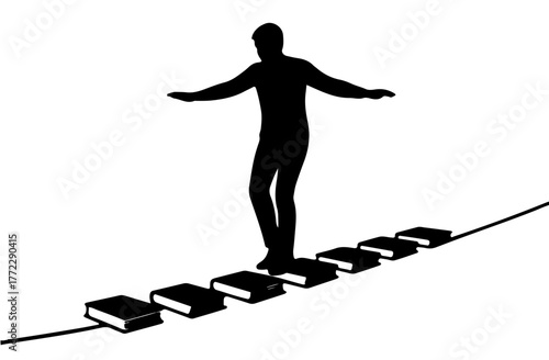 Book Tightrope Walker Silhouette Vector | Black & White Minimal Unique Illustration