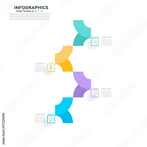 A concise and modern infographic timeline template featuring four steps represented by colorful curved quarter circles, perfect for presenting business process, research, success, or annual plan data 