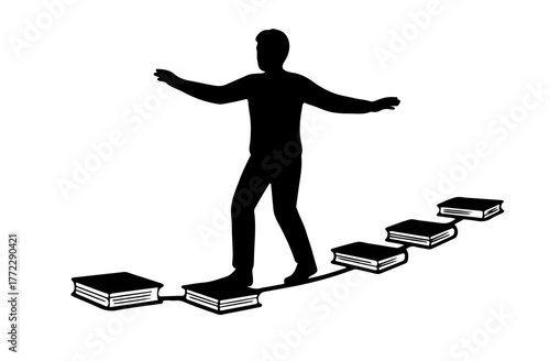 Book Tightrope Walker Silhouette Vector | Black & White Minimal Unique Illustration