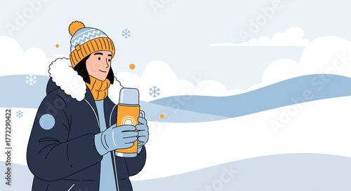 Person holding a thermos in winter snow landscape