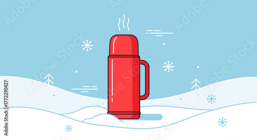 Red thermos in snow with steaming hot drink