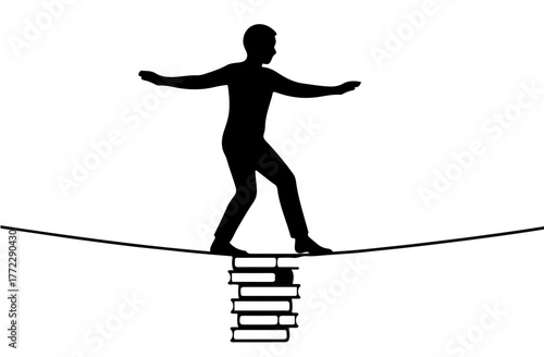Book Tightrope Walker Silhouette Vector | Black & White Minimal Unique Illustration