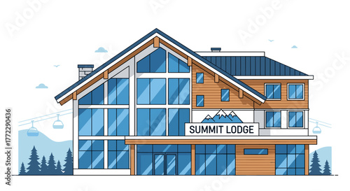Ski resort hotel facade featuring Summit Lodge with mountain view