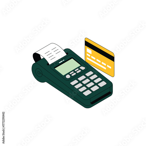 Isometric POS terminal payment machine processing transaction using yellow credit debit card finance technology vector