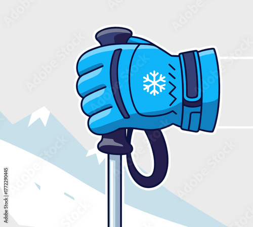 Skier's gloved hand holding a ski pole with snow-capped mountains