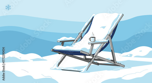 Snow-covered deck chair in winter scenery