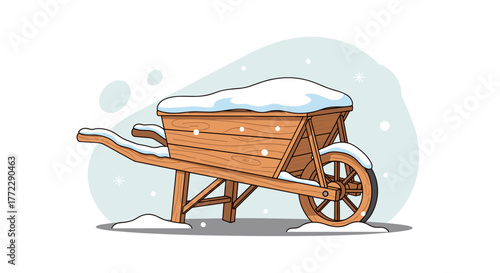 Wooden wheelbarrow covered with snow in winter