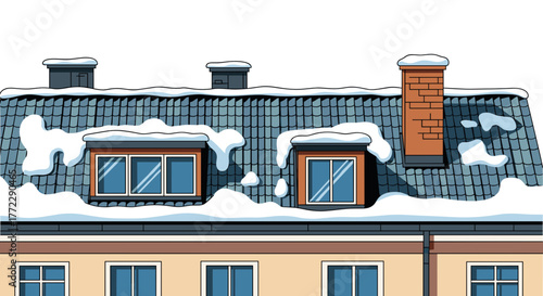 Snow-covered rooftop tiles in winter