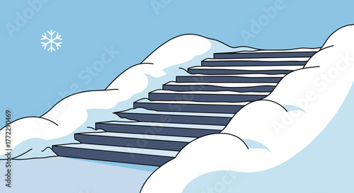 Snow piled on stairs, tranquil mood, winter scene with light blue background, copy space