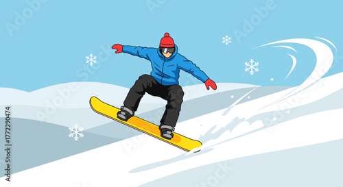 Snowboarder jumping, playful mood, sliding down snow-covered hill, light blue background, copy space