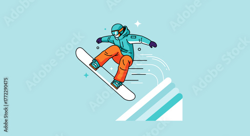 Snowboarder in action, dynamic mood, executing a jump on a light blue background, copy space