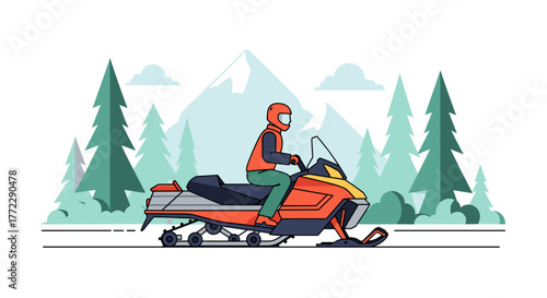 Snowmobile riding on a forest trail surrounded by trees and mountains