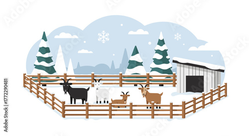 Snow-covered goat pen with goats and winter trees in a serene farm setting