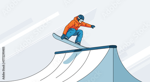 Snowboarder performing tricks on halfpipe in winter sports setting