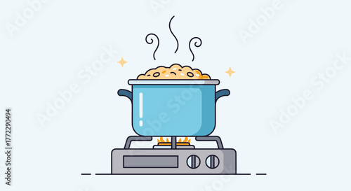 Cooking pot with steaming porridge on stove, creating a warm kitchen vibe