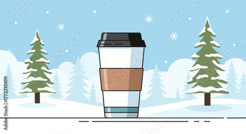 Coffee cup in winter landscape surrounded by snow and evergreen trees