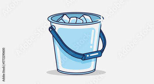 Blue ice bucket filled with ice cubes on light gray background for summer refreshments