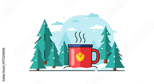 Red steaming mug in winter mood surrounded by pine trees in snowy landscape