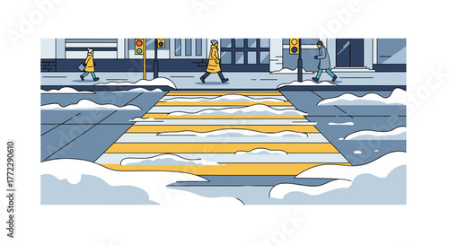 People walking in winter mood on a yellow crosswalk in snowy urban environment