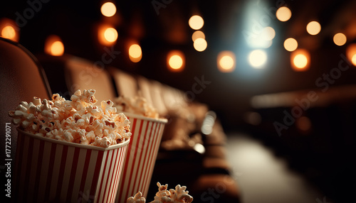 Popcorn in a cinema hall  as an concept of watching movies in cinema. Cinematographic background.	