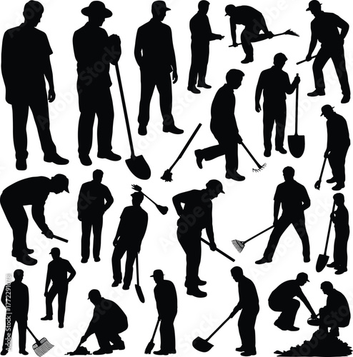 Gardening silhouettes, outdoor workers, shovel, rake, hoe, landscaping tools, manual labor, farming, agriculture, garden maintenance, digging, planting, bending, working, soil, nature, rura