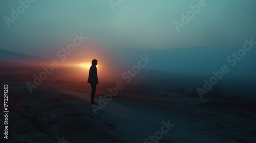 A silhouette of a lonely person standing on the ocean shore at dusk. A concept of loneliness and alone time.
