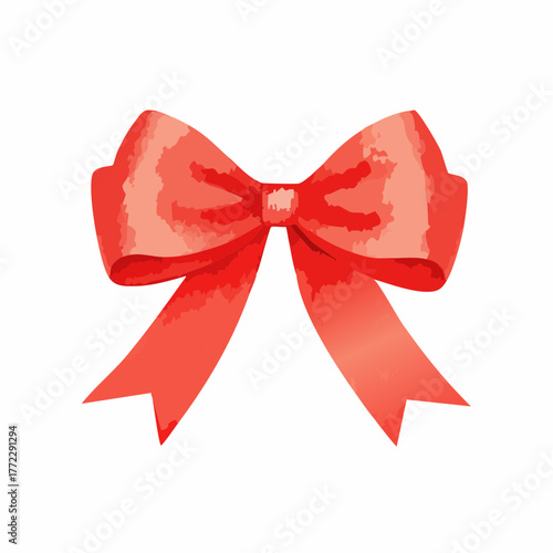 Red watercolor ribbon, satin bow. Decorative graphic element for the design of postcards, invitations, weddings and Christmas celebration