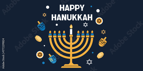 Happy Hanukkah Menorah with Dreidel and Star of David Design