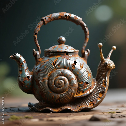 Old rusty teapot with snail shape 