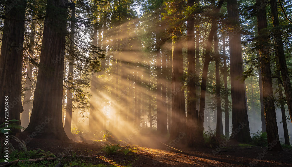 Fototapeta premium Ancient Misty Forest Redwood Trees Fog Canopy Cathedral Woodland Nature