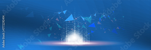 Futuristic blue digital background with binary code and abstract polygon network, glowing data flow concept representing technology, innovation, and artificial intelligence.