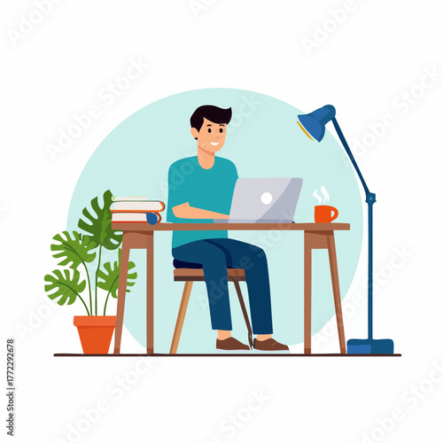 Man Working on Laptop at Home Office Desk - AI Generated