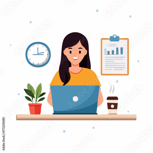 Woman Working from Home with Laptop and Coffee Cup - AI Generated