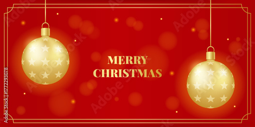 Merry Christmas horizontal banner with glowing golden balls, gold frame on red backdrop. Vector illustration for stories, greeting card, landing page