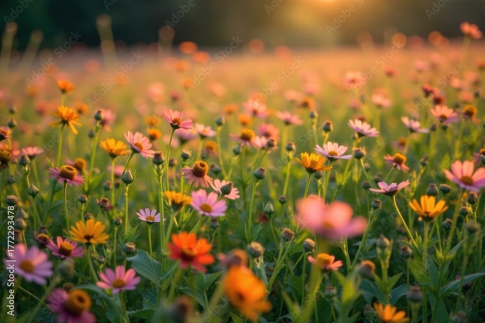 Fototapeta premium Delicate wildflowers blooming in a vibrant meadow under the gentle light of a spring sunrise, evoking peace and natural beauty. A vibrant meadow filled with a diverse array of wildflowers in full