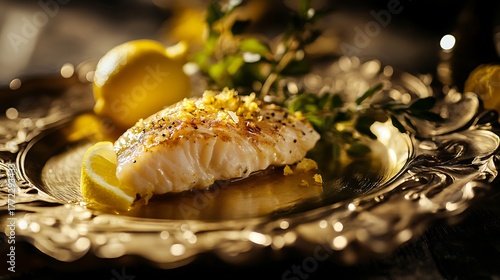 Served on a golden plate with lemon