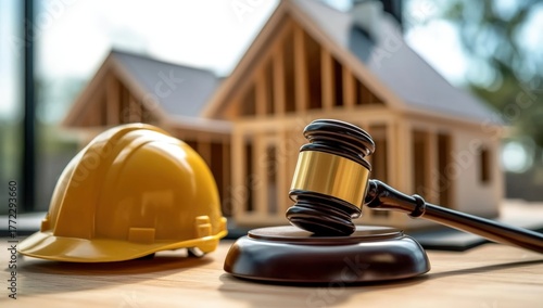 A construction helmet and gavel are in focus, with a model house in the background, symbolizing law and building regulations.