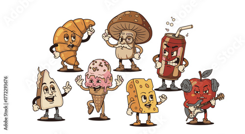 Whimsical Funny Cartoon Characters bringing a diverse assortment of food and drink items to life with playful and amusing personalities