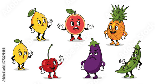 A vibrant collection of Funny Cartoon Characters playful fruits and vegetables with expressive faces, bringing joy and humor to any design