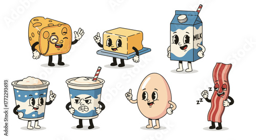 A delightful and whimsical collection of Funny Cartoon Characters representing beloved dairy products and breakfast foods, illustrated with a charming retro appeal