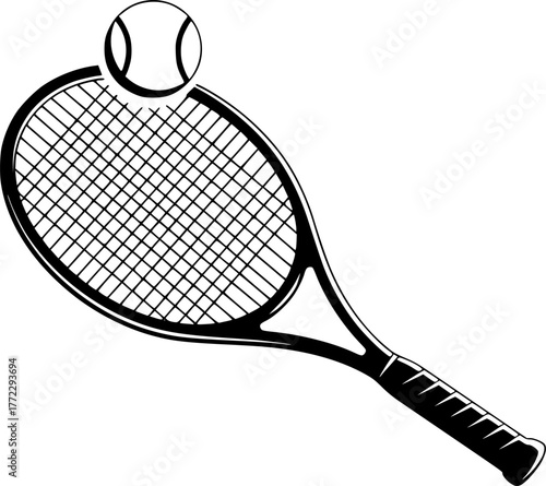tennis racket and ball, vector illustration, black and white

