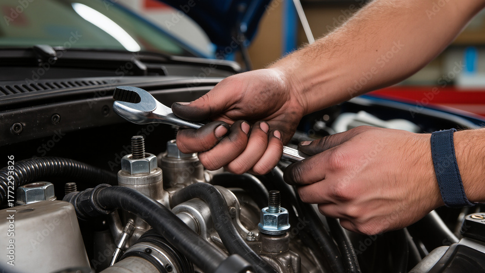 Obraz premium mechanic changing car engine